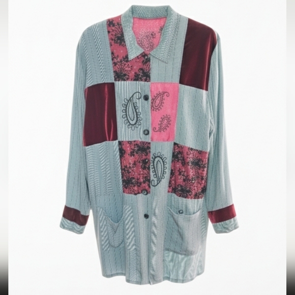 Surya Vintage Gray and Red Patchwork Blazer With Exotic Buttons - Picture 6 of 6